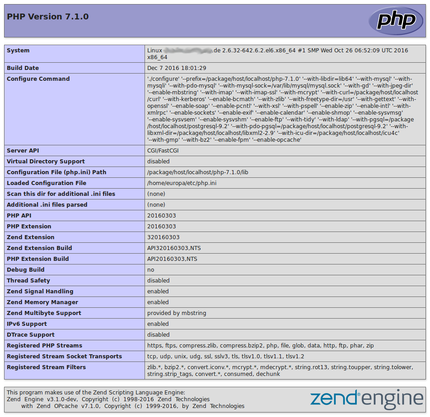 Screenshot der Ausgabe von phpinfo() in PHP 7.1