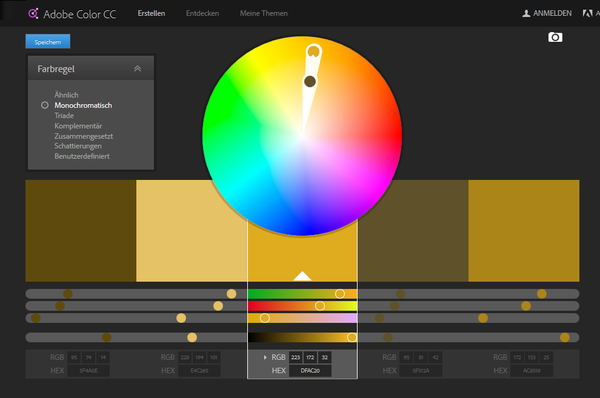 Screenshot einer monochromatischen Farbpalette von adobe.kuler