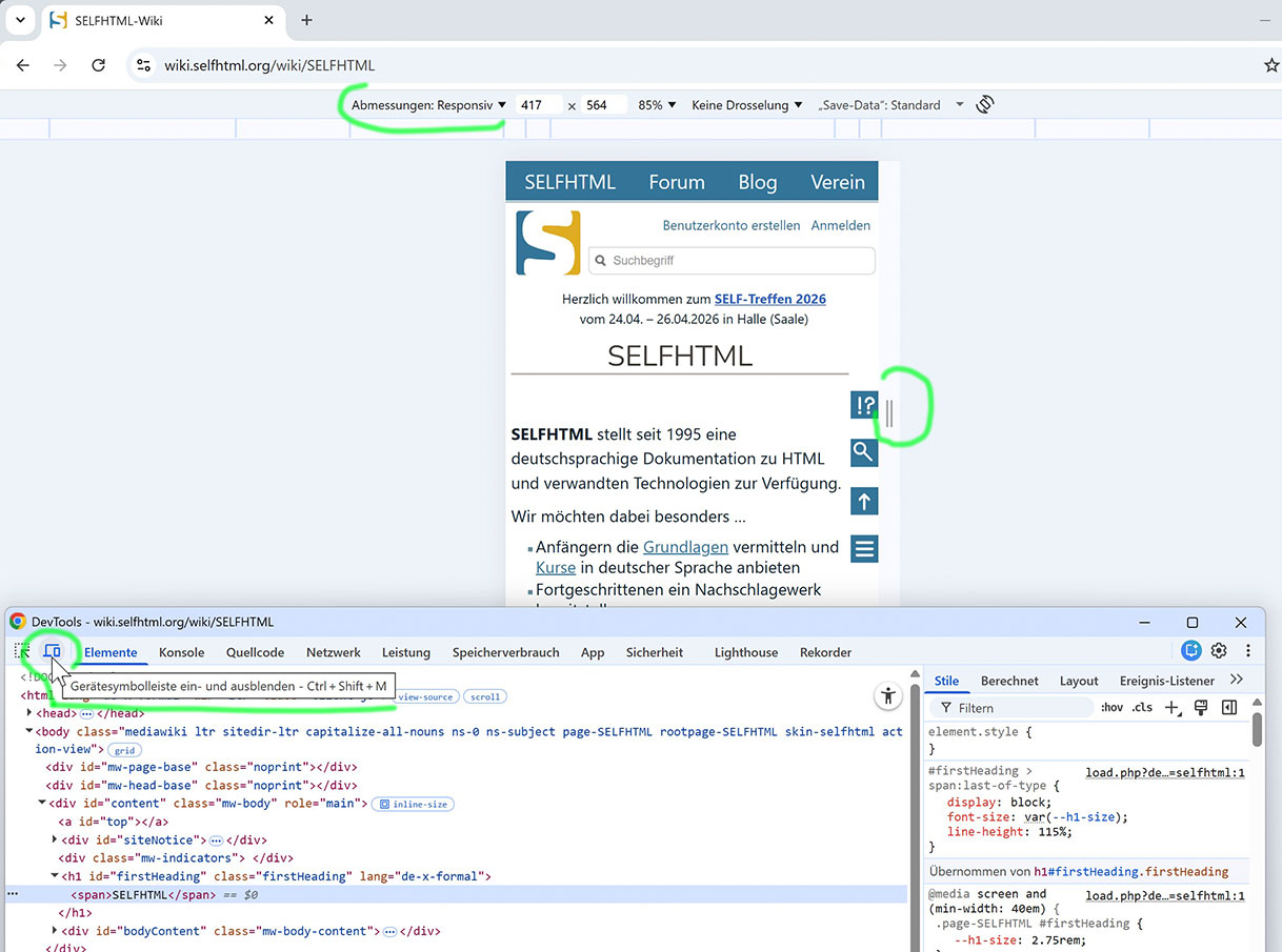 Screenshot des Viewport-Emulators in Chrome