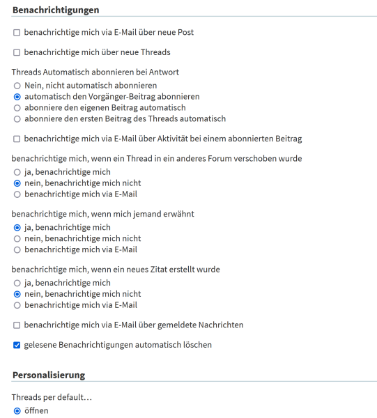 Screenshot der Einstellungen im Forum, um Benachrichtigungen zu erhalten
