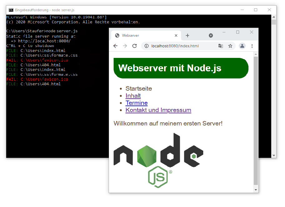 Screenshot des Node.js-Servers in Chrome