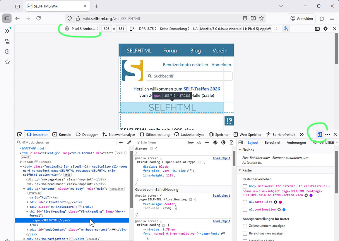 Screenshot eines Viewport-Emulators im Firefox