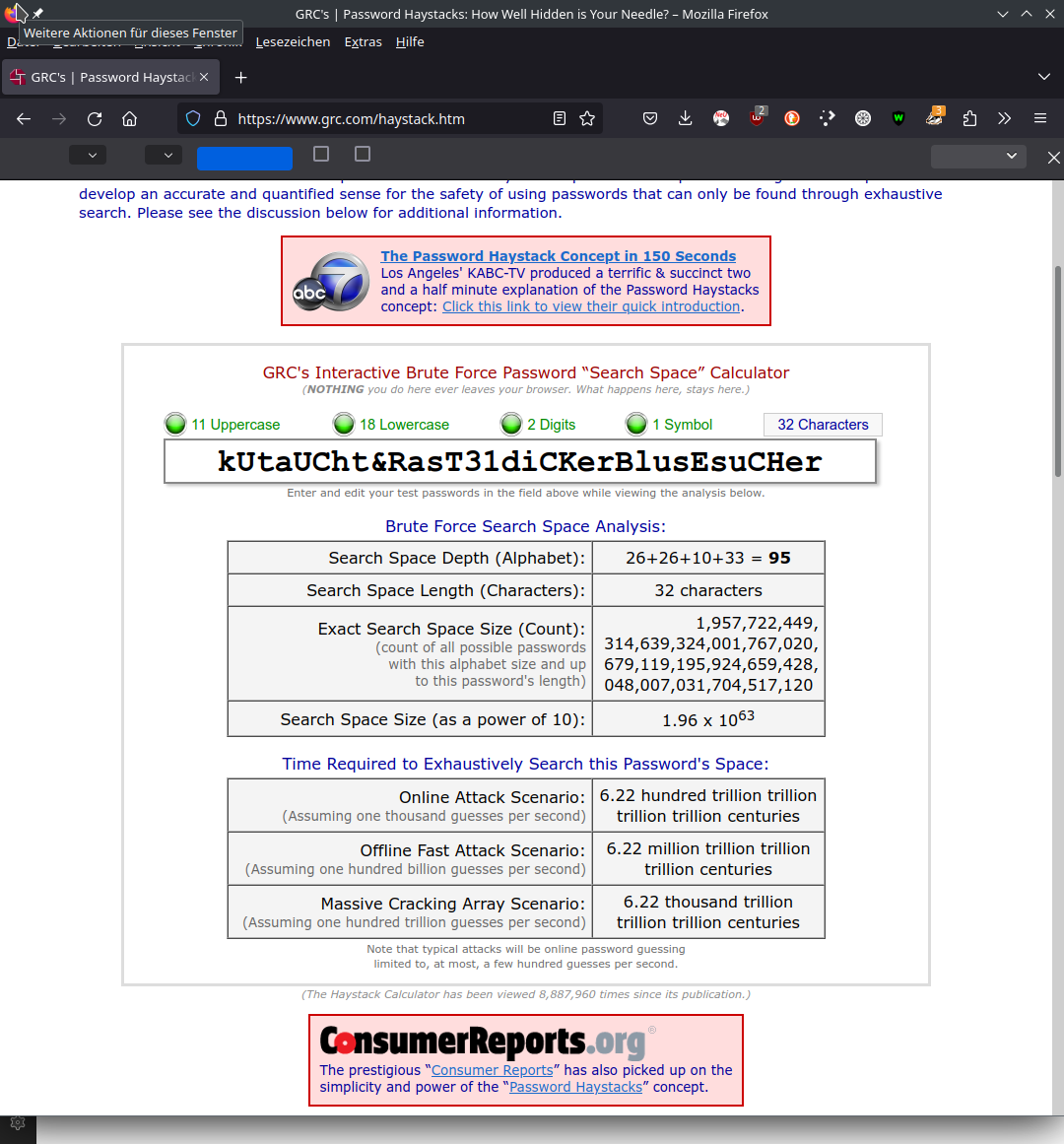 Screenshot der Website Haystack.htm mit Sicherheitsüberprüfung eines per Diceware (Würfelverfahren) erstellten