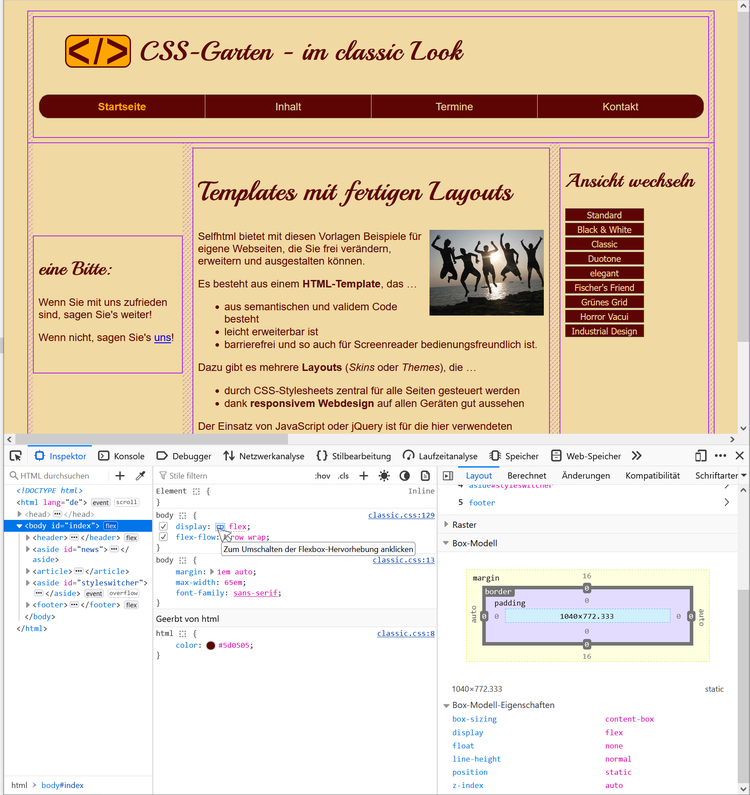 Screenshot des CSS-Garten im Seiteninspektor - Untersuchen des Layouts